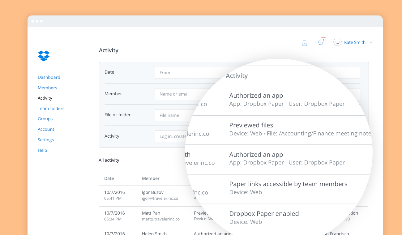 Dropbox administrator activity log showing app authorizations and file activity