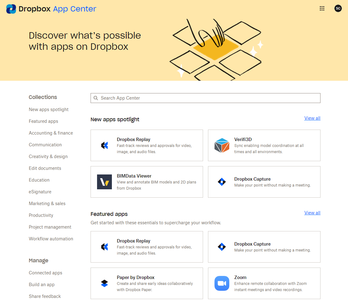 Dropbox App Center showing categories, search, and integrations including Paper and Zoom
