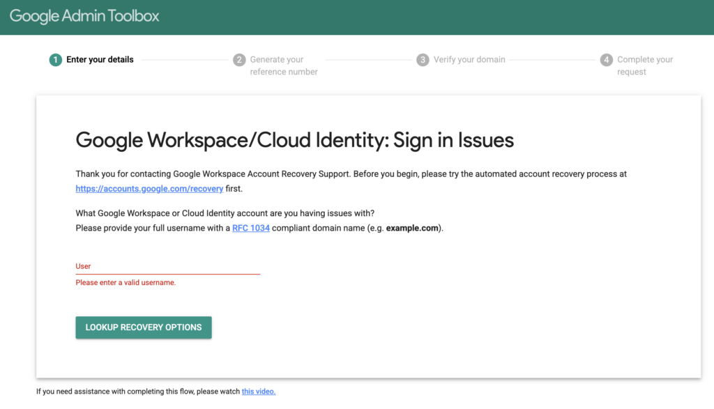 Google Workspace admin user and domain lost troubleshooting guide screen